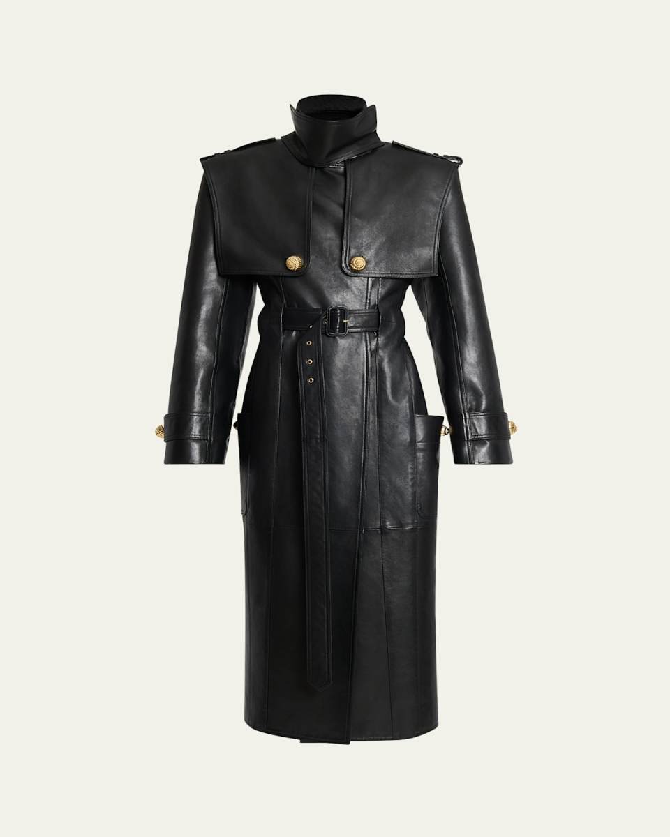 Double-Breasted Belted Leather Trench Coat